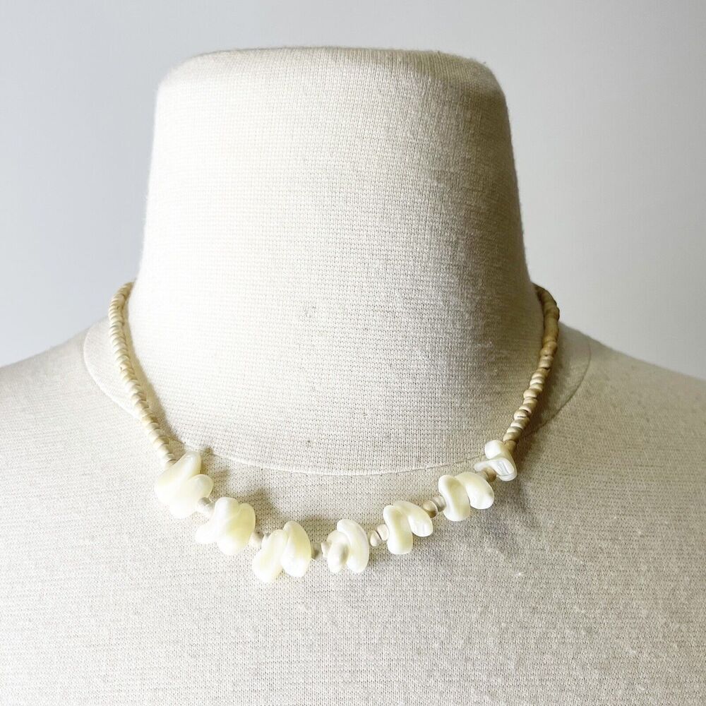 Vintage Avon Jewelry Necklace Mother Of Pearl Tan Wooden Bead Choker 90s Fashion